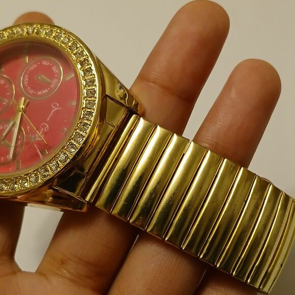 Jessica Carlyle Gold Tone Stretch Band Pink Face Rhinestone Bezel Quartz Watch - Picture 12 of 15